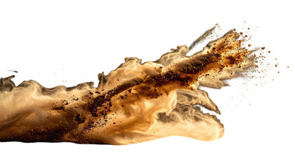 Brown powdered substance erupting from a central point, forming a dynamic, wispy trail against black