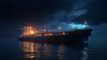 Cargo Tanker Ship at Night with Golden Lights on Dark Foggy Ocean