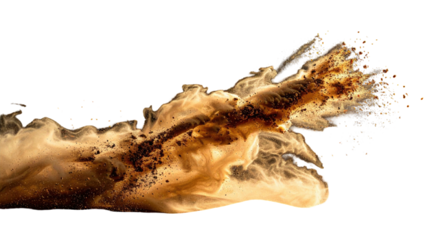 Brown powdered substance erupting from a central point, forming a dynamic, wispy trail against black - Powered by Adobe