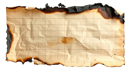 Burned parchment-like paper with grid lines, crumpled and charred around the edges