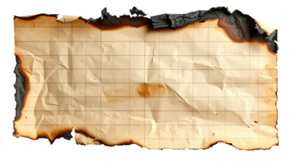 Burned parchment-like paper with grid lines, crumpled and charred around the edges