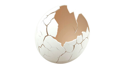 Cartoon illustration of a cracked eggshell against a solid black background. Interior reveals light brown color