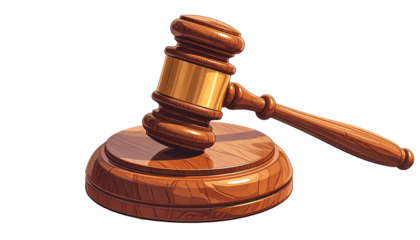 Cartoon illustration of a wooden gavel and its sound block, suggesting law or justice