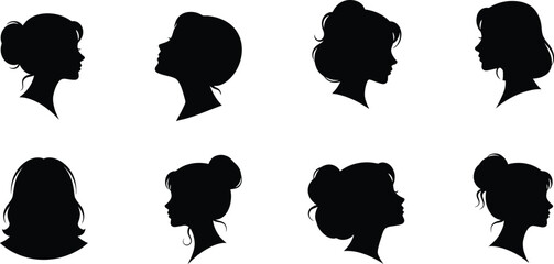 Eight silhouettes of female heads showing various hairstyles and profiles