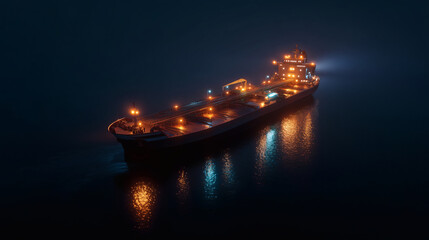 Industrial Cargo Ship Sailing Through Dark Mist At Night
