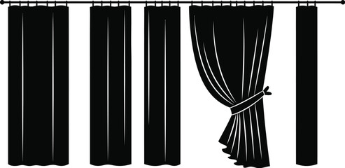 Curtain set vector illustration. Black thermal insulated blackout curtains silhouette. 