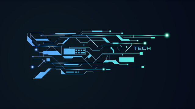 Futuristic blue neon circuit board elements with TECH text on dark background. Abstract digital connectivity and high-tech data visualization for modern innovation and cybersecurity concepts. digital 