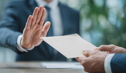 Businessman Rejecting Document with Open Hand Gesture in Office