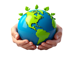 3D Cartoon Hands Holding Earth Globe with Green Leaves Ecology PNG