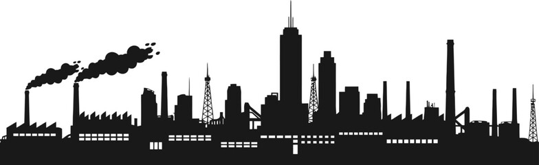 Obraz premium Industrial City Skyline Silhouette With Factories And Tall Buildings Black Color