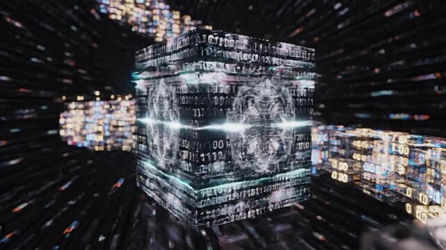 Digital cube floats above blurred shapes with binary patterns cascading through a vast, indeterminate space