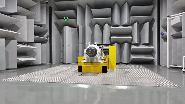 Yellow testing equipment inside an electromagnetic compatibility anechoic chamber during measurement