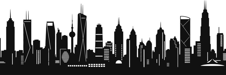 Wide Panoramic City Skyline Silhouette In Black Modern Urban Atmosphere