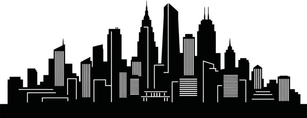 Modern City Skyline Silhouette In Solid Black Minimal Flat Design Isolated