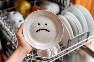 Dishes Dirty Hand Holding Sad Face Plate Amidst Clean Dishes in