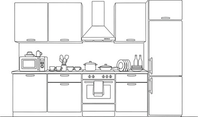Modern kitchen interior with kitchen furniture and appliances, including cabinets, a refrigerator, an oven, a microwave, and a sink vector illustration silhouette. 