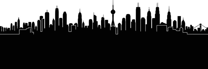 Urban City Panorama Silhouette In Black Color Continuous Skyline Composition
