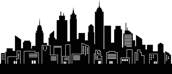 Modern City Skyline Silhouette In Solid Black Minimal Flat Design Isolated On White Background
