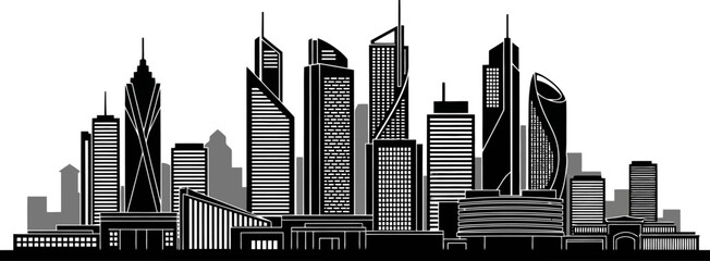 Smart City Skyline Silhouette With Modern Towers And Architecture Black Monochrome Design