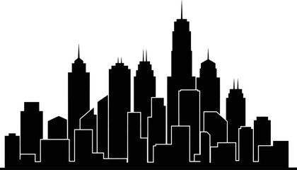 Downtown Urban Skyline Silhouette Black Flat Shapes Skyscrapers And Office Building