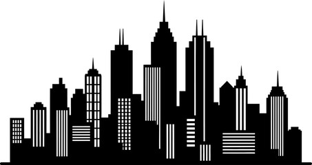 Downtown Urban Skyline Silhouette Black Flat Shapes Skyscrapers And Office Buildings