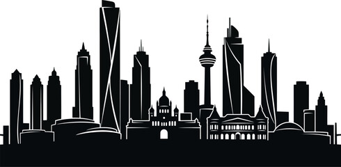 Elegant City Skyline Silhouette In Solid Black Smooth Building Contours
