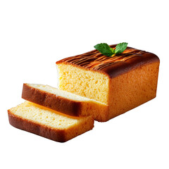 Freshly Baked Golden Yellow Loaf Cake with Mint Garnish and Slices on a White Background