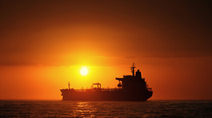 Cargo Ship Silhouette Against Ocean Sunset