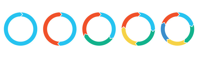 Circle diagram infographic set. Rotation round cycle vector scheme process template. 2, 3, 4, 5 parts.