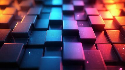 Abstract futuristic grid of raised 3d cubes illuminated by vibrant neon bokeh, evoking digital data, cyberspace networks, and advanced technology visualization for modern design - Powered by Adobe