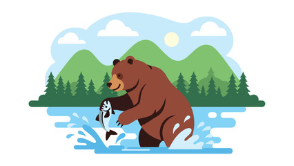 Naklejka premium Flat vector illustration of a bear catching fish in a river, wildlife survival and feeding behavior in a forest habitat, educational nature concept for conservation and stock design