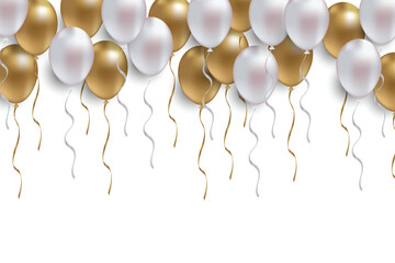 Happy birthday greeting with elegant floating gold and white balloons for celebration.