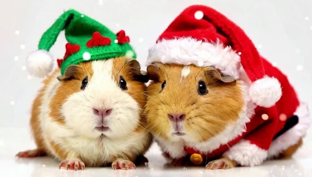 Two adorable guinea pigs dressed in festive Christmas hats and outfits, looking cute against a snowy white background.