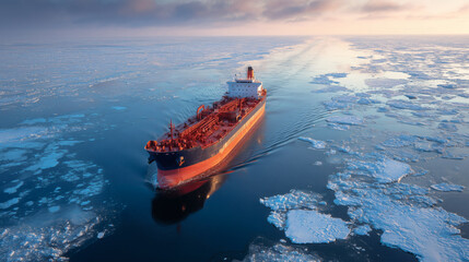 Industrial Cargo Ship Navigating Through Arctic Ice Floes