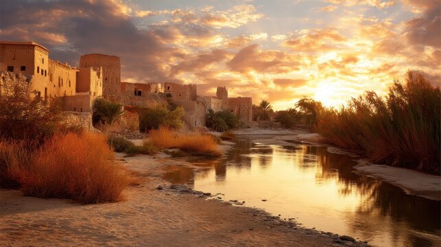 Ancient village made of adobe houses on the bank of a river with reeds under a dramatic sunset sky. Desert oasis landscape for travel. - Powered by Adobe