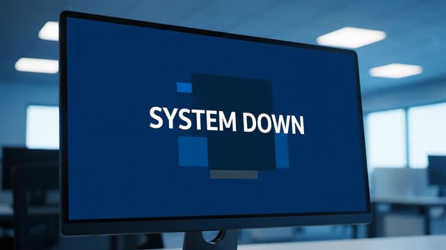 Computer monitor displays a 'SYSTEM DOWN' message in an office setting.