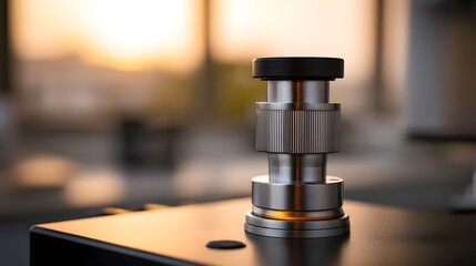 Close up of a precision metallic instrument component with a knurled grip illuminated by warm soft golden hour light