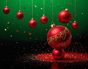 Ornate red ornaments and glitter against a dark green backdrop
