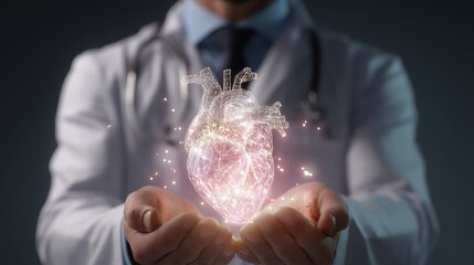 Doctor holding 3D digital human heart. Medical professional showing advanced cardiology technology. Future of healthcare and medicine concept.