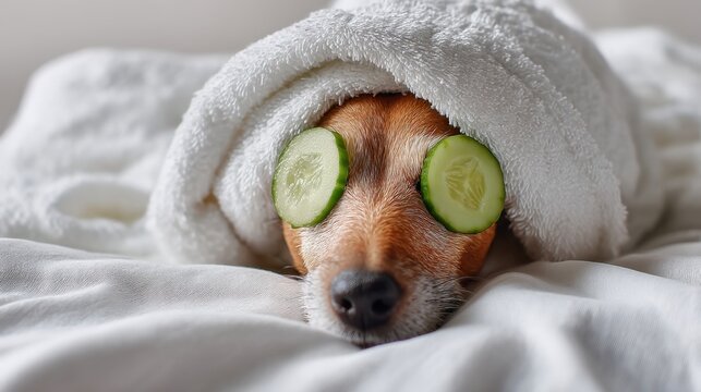 Dog doing funny spa procedure at home with cucumber slices on eyes, wrapped in towel. Wellness and relaxation for pet. - Powered by Adobe