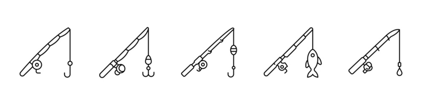 Fishing rod line icon set. Outline fishing rod symbol collection. Angler and angling fisherman equipment.