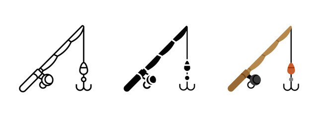 Fishing rod icon. Fishing rod with hook and bait symbol for angling, fishing equipment, and outdoor sport concepts. Fishing tackle illustration used for hobby, angler gear, and nature related projects © MALAI Studio