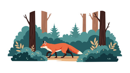 Flat vector illustration of a fox moving quietly through a forest, wildlife hunting behavior and natural instinct presented in a clean educational nature illustration