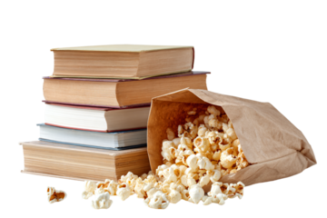 Pile of Books with Spilled Popcorn