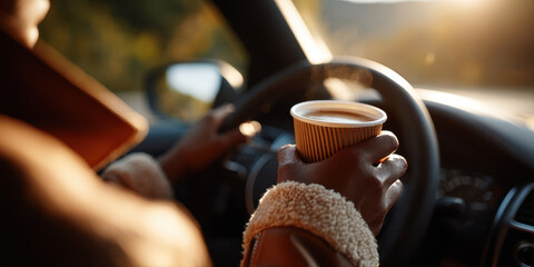 Driver Enjoying Coffee on a Road Trip at Golden