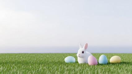 Curious bunny among easter eggs