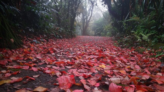 Pathway covered in vibrant red leaves amidst misty forest surroundings in autumn season - Powered by Adobe