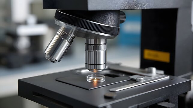 Close up of a laboratory microscope focusing on a petri dish for scientific research - Powered by Adobe