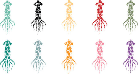 Fototapeta premium Colorful squid silhouettes made of circles, Abstract squid dot art animal collection