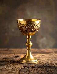 Ornate golden chalice on a rustic wood surface, against a mottled backdrop